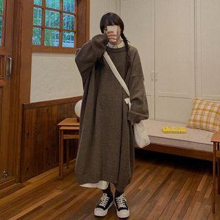 Long-sleeve Plain Knit Sweater Dress Brown - One Size
