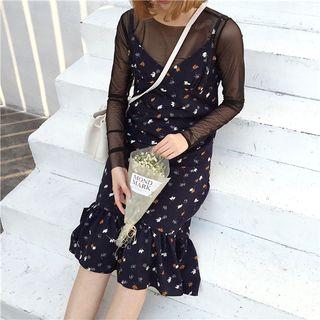 Set: Mesh Long Sleeve Top + Floral Print Slipdress
