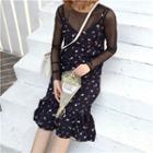 Set: Mesh Long Sleeve Top + Floral Print Slipdress