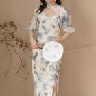 Puff-sleeve Cutout Floral Print Midi A-line Dress