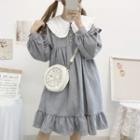 Ruffled Collared Long-sleeve A-line Dress Gray - One Size