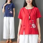 Ethnic Short-sleeve Cotton Linen Embroidered Top