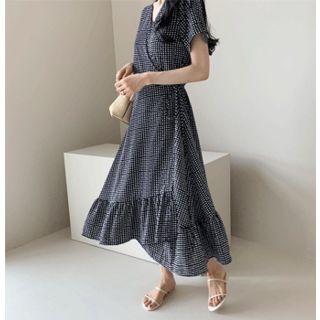 Patterned Ruffle-hem Wrap Dress Dotted - One Size