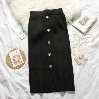 Buttoned Slit Straight-fit Midi Knit Skirt