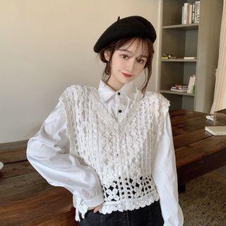 Long-sleeve Plain Blouse / Open-knit Tank Top