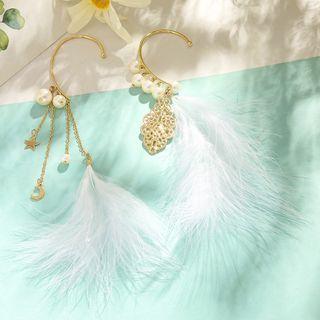 Feather Moon & Star Faux Pearl Asymmetrical Dangle Earring