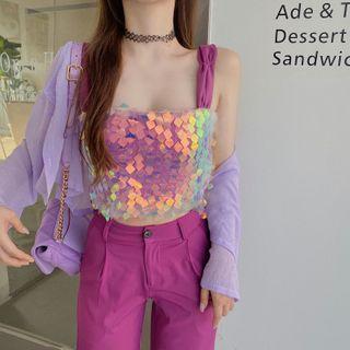 Spaghetti Strap Sequin Top / Wide-leg Pants / Light Cardigan