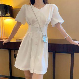 V-neck Short-sleeve Gathered-waist Dress