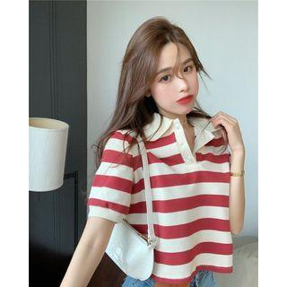 Striped Cutout-back Short-sleeve Polo Shirt