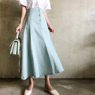 Buttoned Linen Blend Maxi Flare Skirt