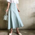 Buttoned Linen Blend Maxi Flare Skirt