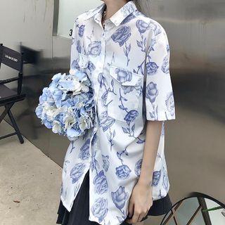Short-sleeve Rose Print Button-up Shirt