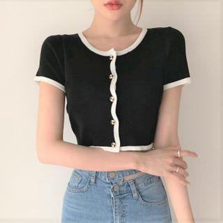 Short-sleeve Contrast Trim Button Knit Top