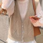 Puff-sleeve Shirred Blouse / Cable Knit Buttoned Knit Vest