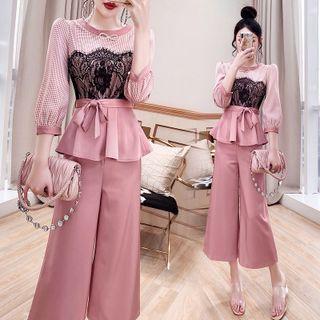 Set: 3/4-sleeve Lace Panel Blouse + Cropped Pants