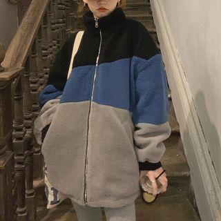 Color Block Zip Jacket Black & Blue & Gray - One Size