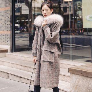 Faux Fur Trim Hooded Plaid Coat