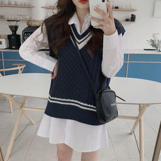 Long-sleeve Mini Shirtdress / Contrast Trim Knit Vest