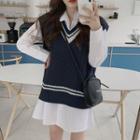 Long-sleeve Mini Shirtdress / Contrast Trim Knit Vest