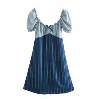 Puff-sleeve Off-shoulder Striped Panel Mini A-line Dress