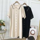 Elbow-sleeve Contrast Trim Buttoned Knit Dress