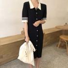 Elbow-sleeve Contrast Trim Buttoned Midi Dress Black - One Size