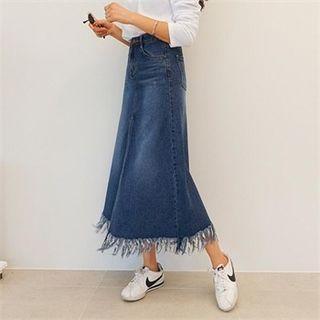 Fringe-hem Long Denim Skirt