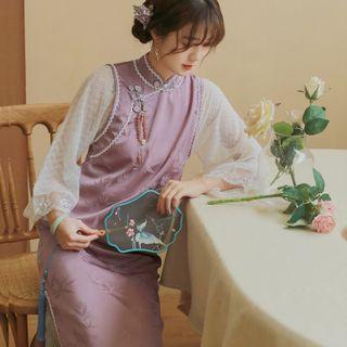 3/4-sleeve Lace Panel Midi Qipao Dress