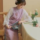 3/4-sleeve Lace Panel Midi Qipao Dress