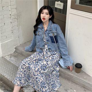 Long-sleeve Floral Print Midi A-line Chiffon Dress / Denim Jacket