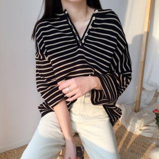 Button-front Stripe Knit Top