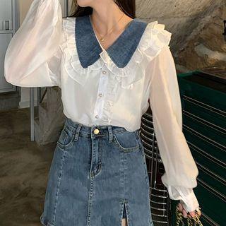 Long-sleeve Peter Pan Collar Denim Panel Plain Ruffle Trim Shirt White - One Size