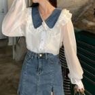 Long-sleeve Peter Pan Collar Denim Panel Plain Ruffle Trim Shirt White - One Size