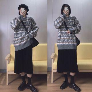 Crewneck Pattern Sweater Gray - One Size