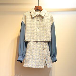 Set: Plaid Panel Button Jacket + A-line Skirt