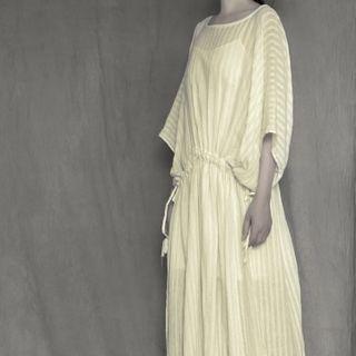 3/4-sleeve Linen Midi A-line Dress Beige - One Size