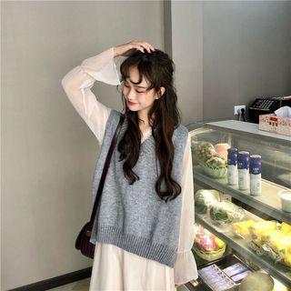 Plain Long-sleeve Midi Shift Dress / Knit V-neck Vest