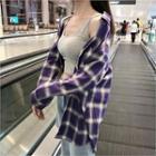 Drop-shoulder Plaid Shirt Purple - One Size