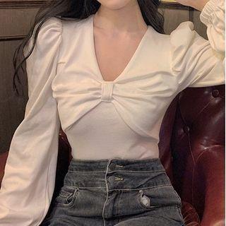 Long-sleeve Crinkled Blouse White - One Size