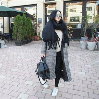 Open-front Plaid Long Coat Check - One Size