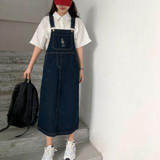 Embroidered Midi A-line Denim Jumper Dress
