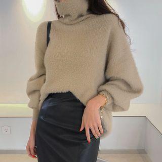Turtleneck Bishop-sleeve Fluffy Sweater