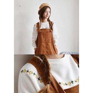 Drop-shoulder Flower-embroidered Sweatshirt