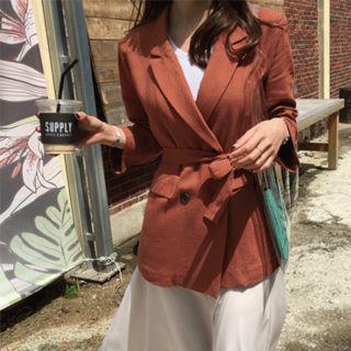 Double-breasted Linen Blend Blazer With Sash