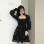 Long-sleeve Floral Chiffon A-line Mini Dress Black - One Size