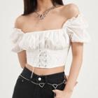 Cropped Square-neck Puff-sleeve Lace-up Top