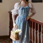 Set: Short-sleeve Plaid Dress + Headkerchief