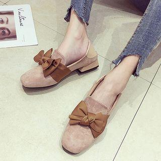 Faux Suede Ribbon Accent Block Heel Loafers