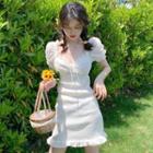 Flower Print Short-sleeve Mini Sheath Dress White - One Size