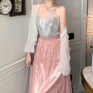 Sequined Camisole / Mesh Overlay Midi A-line Skirt / Light Jacket